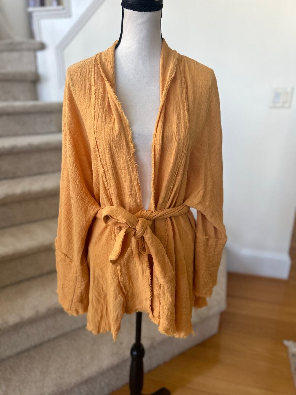 Urban Mango Boho Light Orange Raw Hem Embroidered Tie Waist Kimono